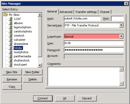 filezilla site manager window showing settings for microstock uploading
